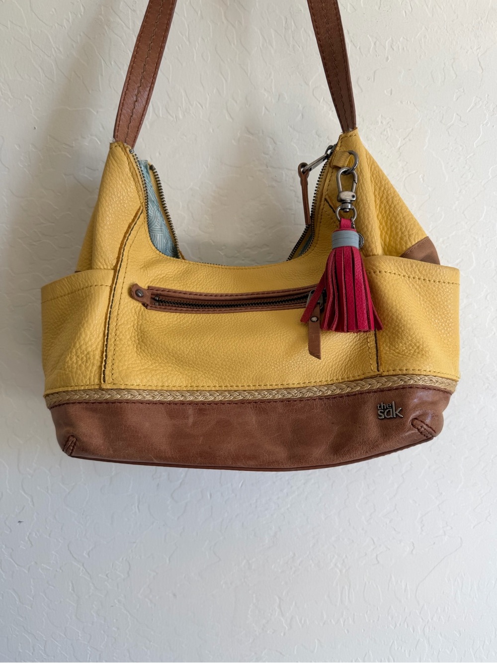 The Sak Yellow & Brown Two-Tone Leather Hobo Shoulder Bag Purse Tassel Boho - Picture 2 of 10
